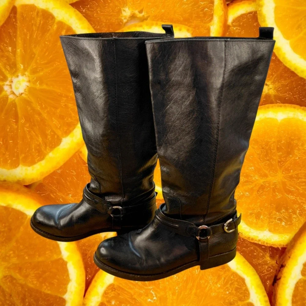 Coach Black Pebbled Leather‎ Tall Riding Harness Boots Silver Buckle Women Mens